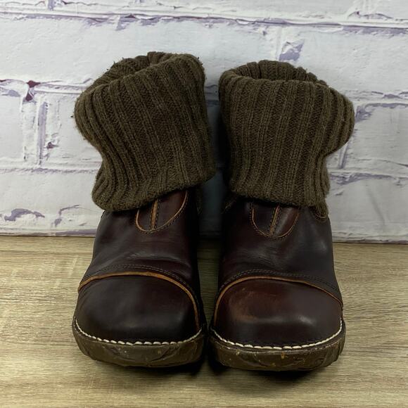 El Naturalista Yggdrasil Brown Leather Sweater Cuff Ankle Boots Women's 39 US 6 - Picture 2 of 8